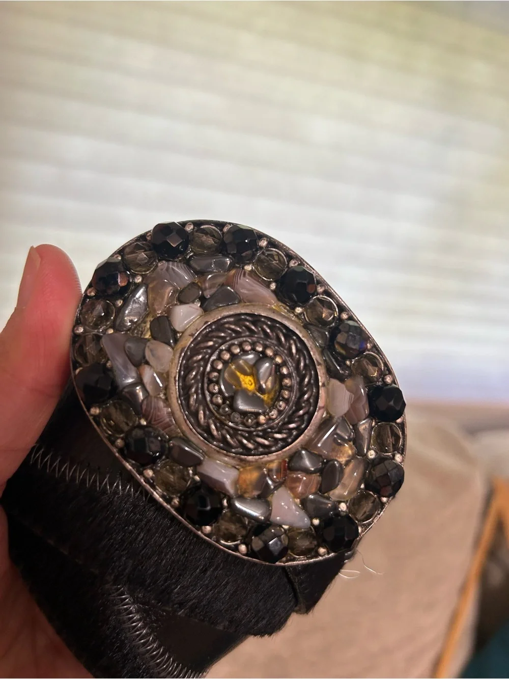 LEATHEROCK Black Leather Belt Mosaic Stone Crystal Statement Buckle Western Boho